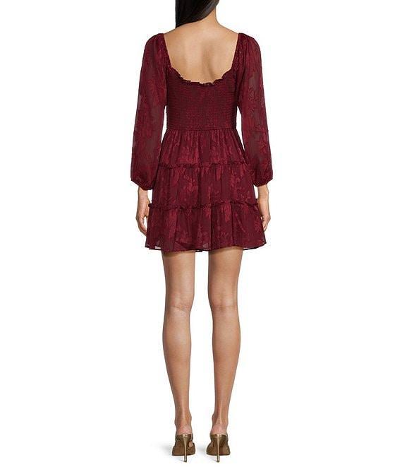 B. Darlin Jacquard Square Neck Long Sleeve Smocked Ruffle Dress Product Image