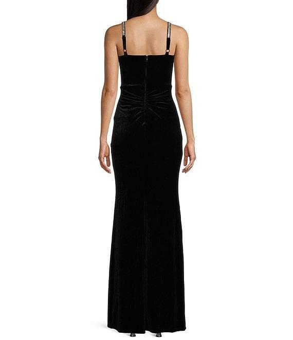Midnight Doll Rhinestone Straps Stretch Velvet Bow Detail Long Dress Product Image