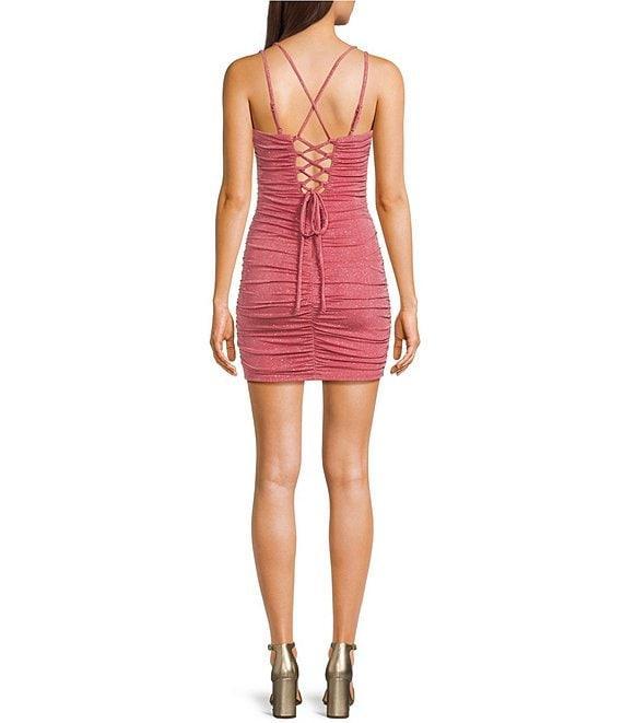City Vibe Spaghetti Strap Notch Glitter Ruched Lace-Up Back Dress Product Image