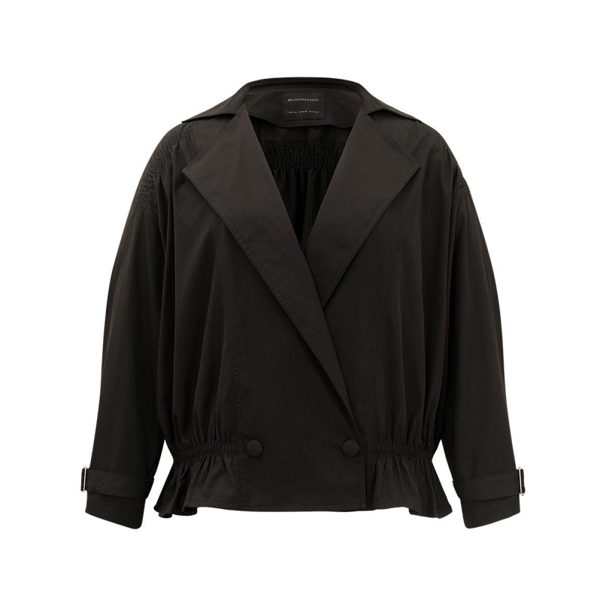 Plus Size Shirred Lapel Collar Metal Buckle Button Up Coat Women Black Casual Gathered Ladies Dailywear Winter Coats BloomChic 22-24/3X Product Image