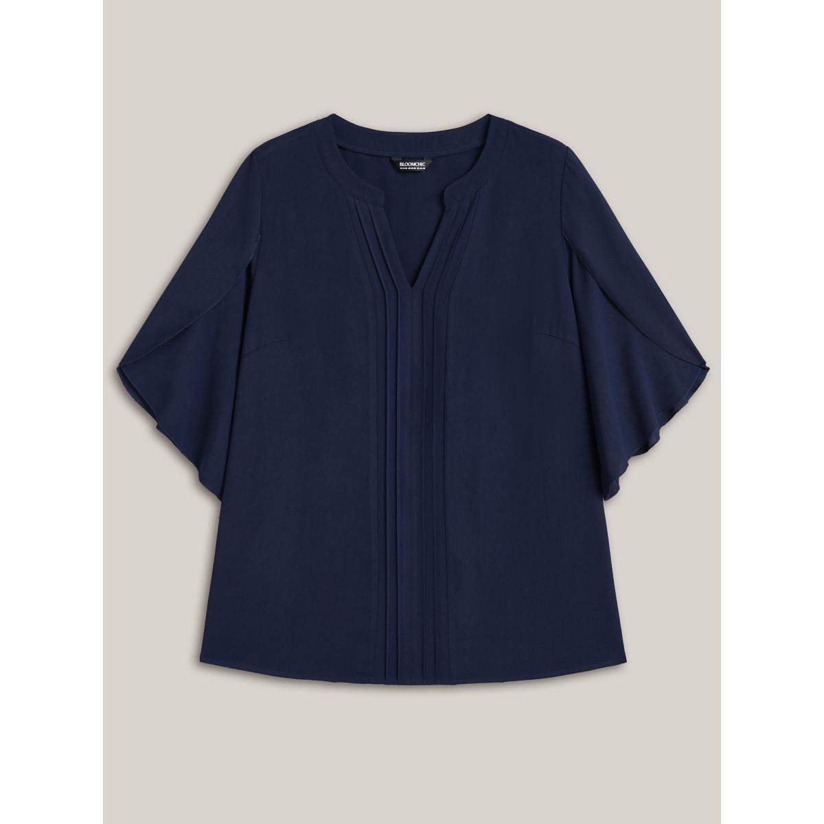 Plus Size Indigo Petal Sleeve Toothpick Pleats Shirt Women At the Office Elbow-length sleeve Notched collar Work Blouses BloomChic 14-16/1X Product Image