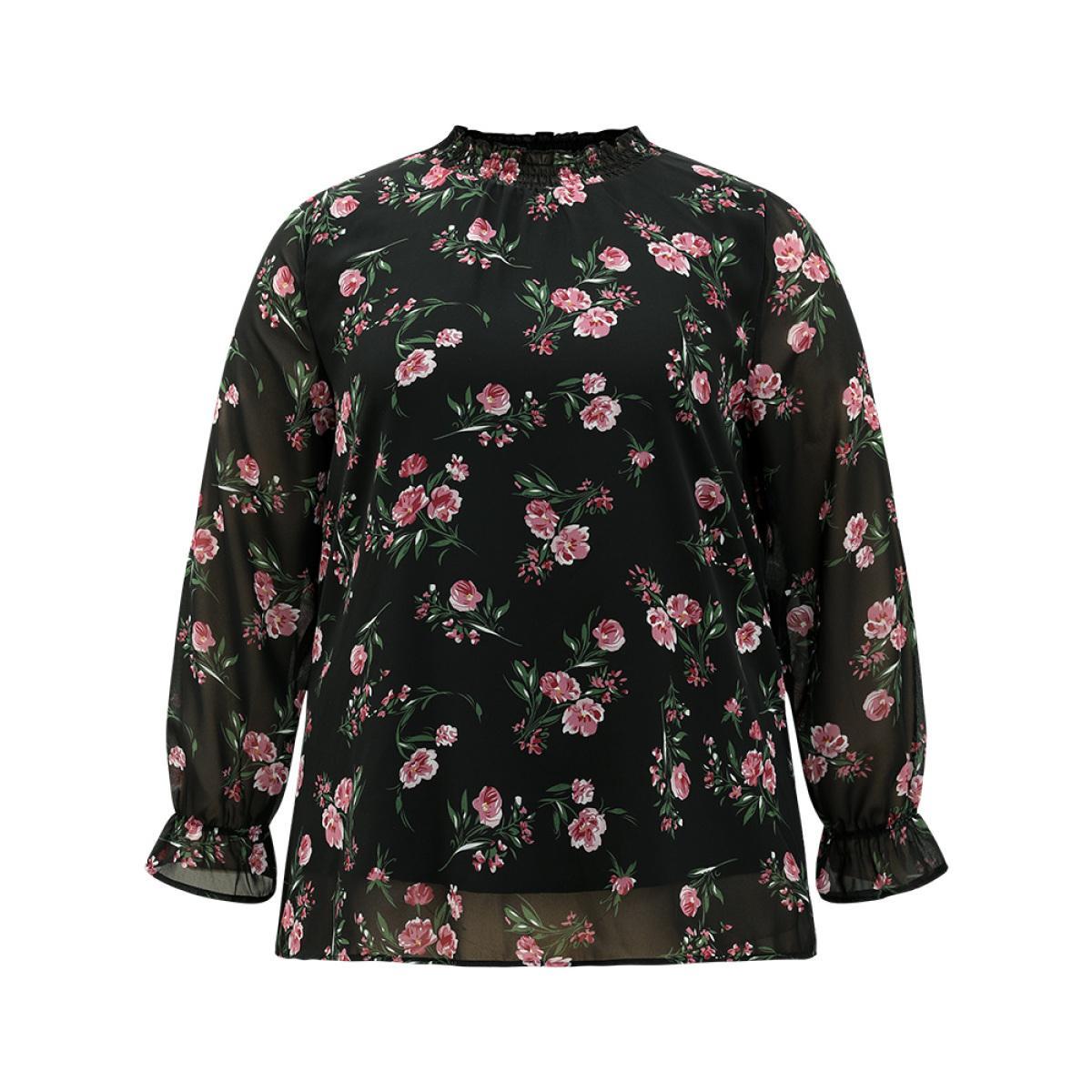 Plus Size Black Chiffon Floral Frill Trim Mesh Patchwork Blouse Women Elegant Long Sleeve Round Neck Dailywear Blouses BloomChic 18-20/2X Product Image