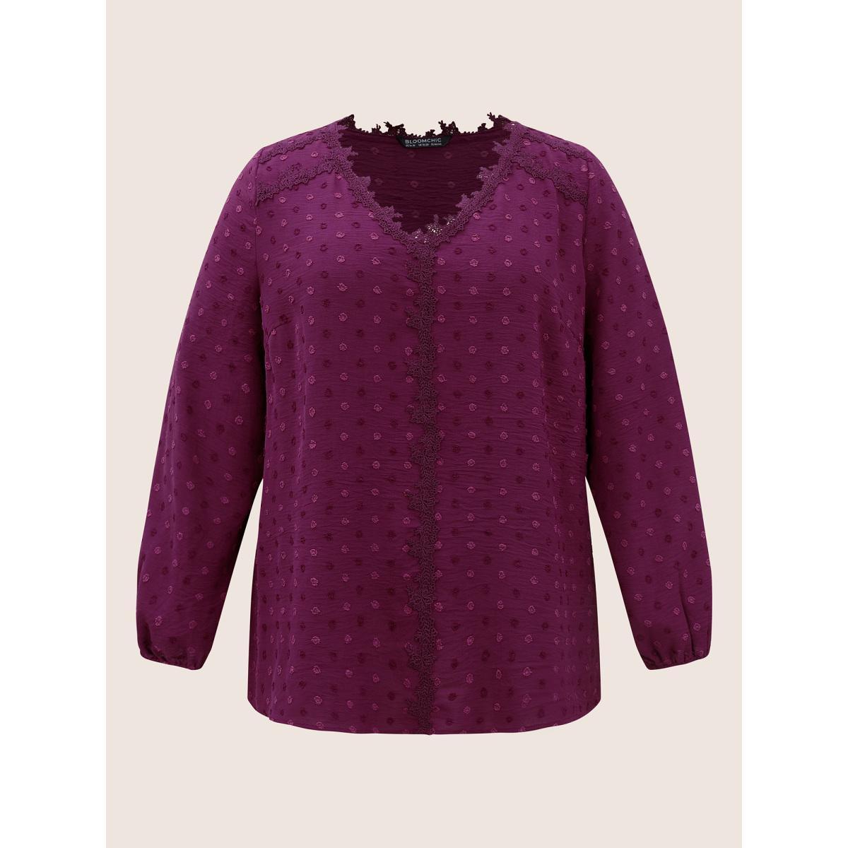 Plus Size Purple Plisse Eyelet Lace Elastic Cuffs Blouse Women Elegant Long Sleeve V-neck Everyday Blouses BloomChic 22-24/3X Product Image