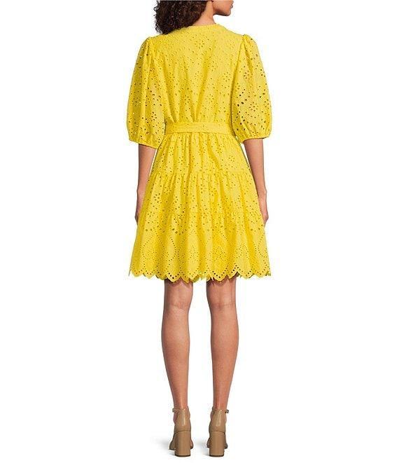 Gibson & Latimer Eyelet Split Round Neck Elbow Puff Sleeve Button Down Belted Scallop Hem Pocketed A-Line Dress Product Image