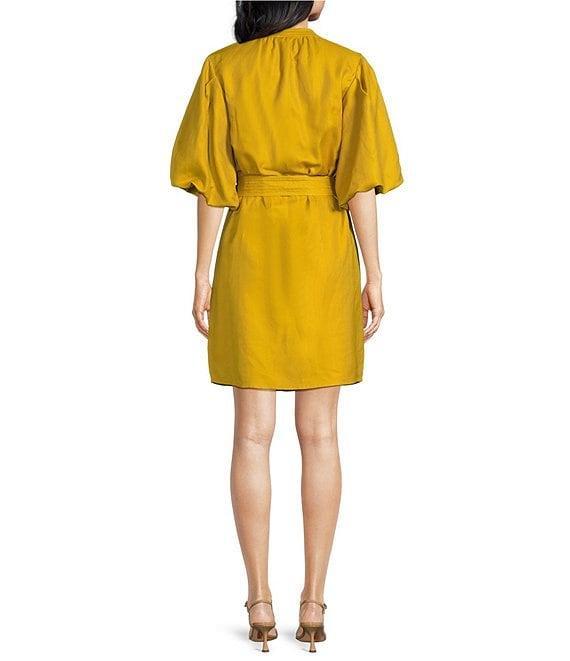 A Loves A Woven Ruched Crew Neck Short Bubble Sleeve Button Front Tie Waist Sheath Mini Dress Product Image