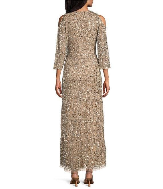 Pisarro Nights Sequin Mesh Crew Neck 3/4 Sleeves Cold Shoulder A-Line Dress Product Image