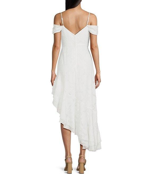 City Vibe Off The Shoulder Ruffled Asymmetrical Hem Midi Dress Product Image