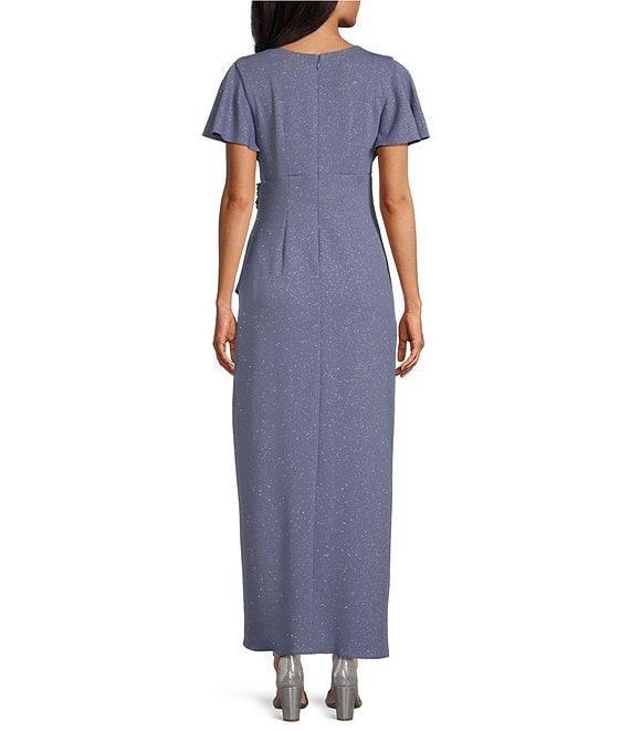 Ignite Evenings Short Flutter Sleeve V-Neck Glitter Knit Empire Embellished Waist Faux Wrap Maxi Dress Product Image
