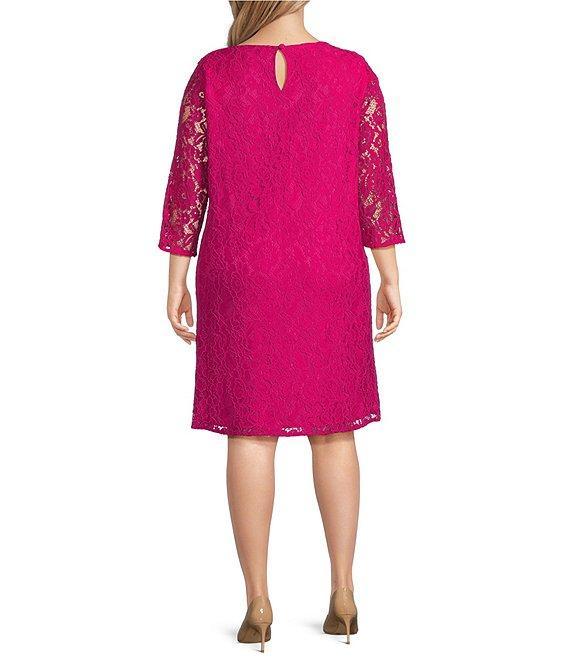 Caroline Plus Size Floral Lace Round Neck 3/4 Sleeve Bodice Lined Shift Dress Product Image