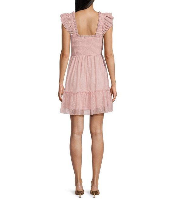 Blu Pepper Lace Polka Dot Smocked Square Neck Sleeveless Tiered Mini Dress Product Image