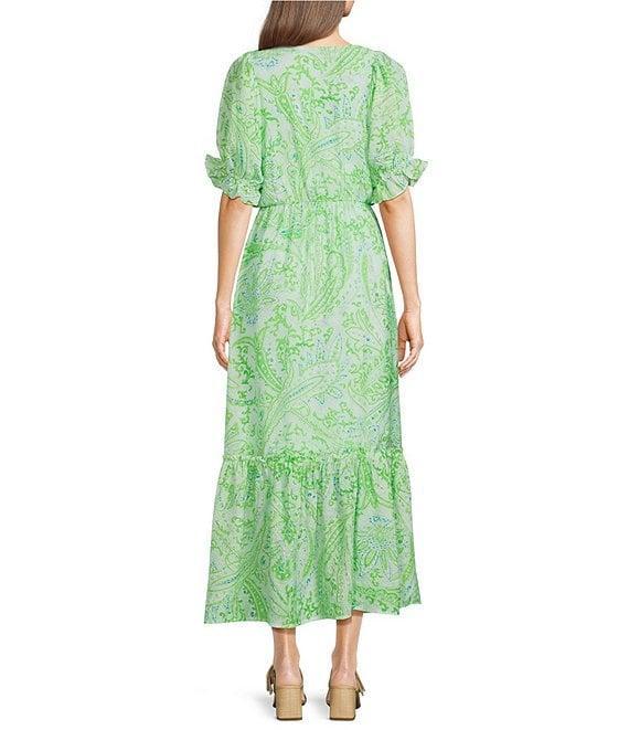Calessa Petite Size Paisley Print V-Neck Elbow Sleeve Tiered Midi Dress Product Image