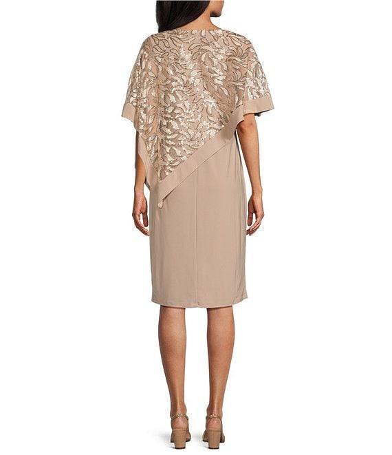 R & M Richards Crew Neck Short Sleeve Embroidered Sequin Poncho Overlay Sheath Dress Product Image