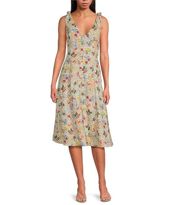 En Saison Nayeli Fruit Print Linen Blend V-Neck Sleeveless Button Front Midi Dress Product Image