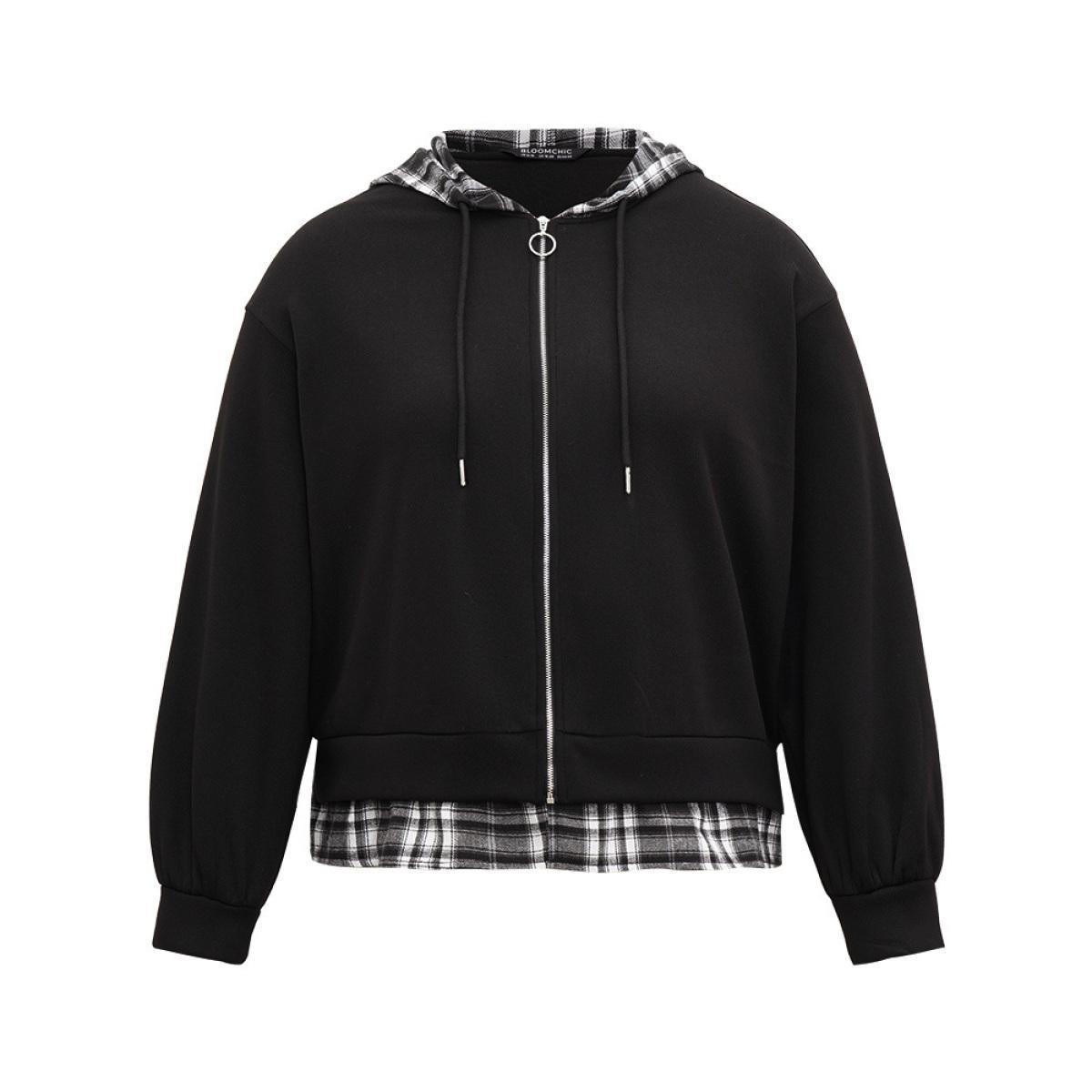 Plus Size Plaid Patchwork O Ring Zipper Hooded Drawstring Jacket Women Black Contrast Dailywear Jackets BloomChic 14-16/1X Product Image