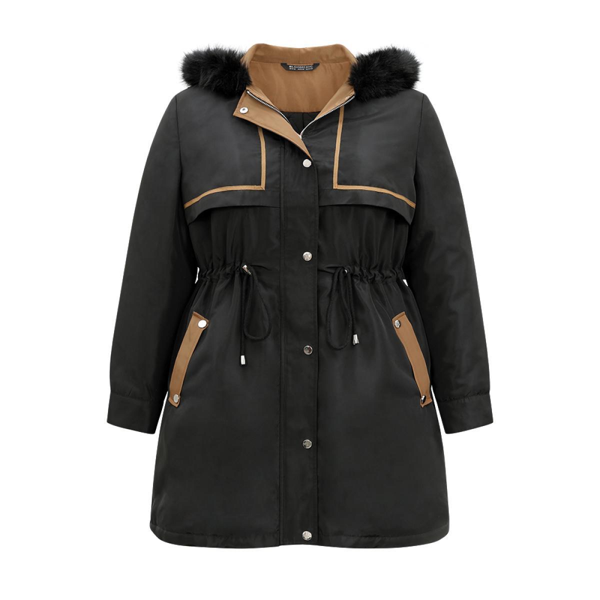 Plus Size Contrast Drawstring Patchwork Zipper Fuzzy Trim Coat Women Black Casual Lined Ladies Dailywear Winter Coats BloomChic 18-20/2X Product Image