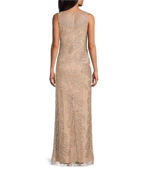 Pisarro Nights Mesh Beaded Floral Print Crew Neck Sleeveless Sheath Gown Product Image