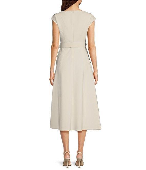 Calvin Klein V-Neck Fit and Flare Belted Scuba Dress Product Image
