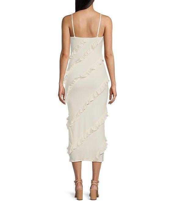 Honey and Rosie V-Neck Spaghetti Strap Ruffle Fitted Midi Dress Product Image