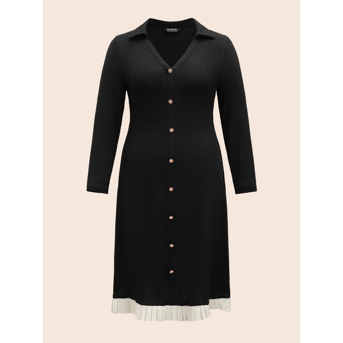 Plus Size Texture Patchwork Pleated Metal Detail Dress Black Women Elegant Texture Shirt collar Long Sleeve Curvy BloomChic 10/M Product Image