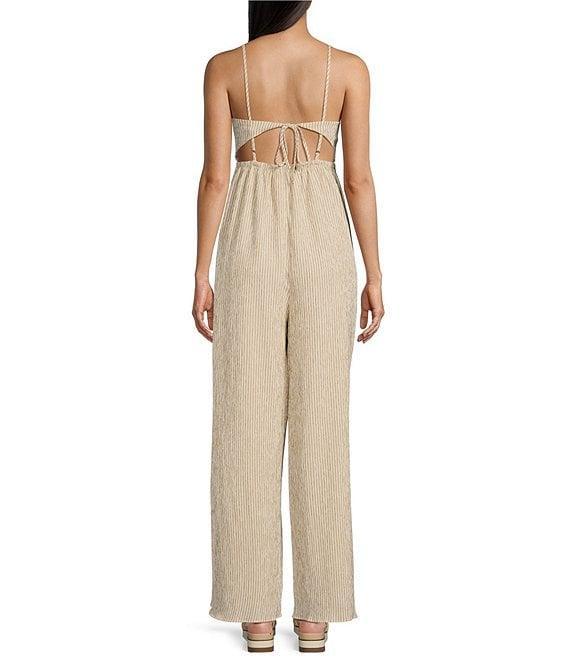 Sadie & Sage In The Clouds Woven Stripe Spaghetti Strap Tie Back Wide Leg Jumpsuit Product Image