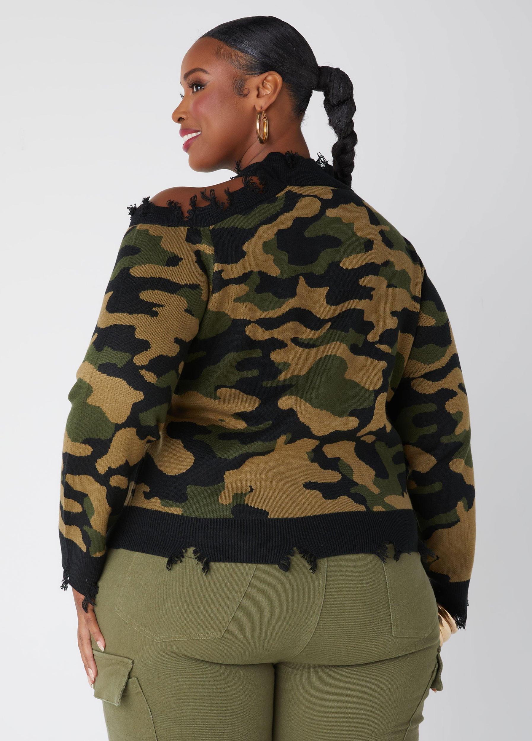 Distressed Cutout Camo Sweater Product Image