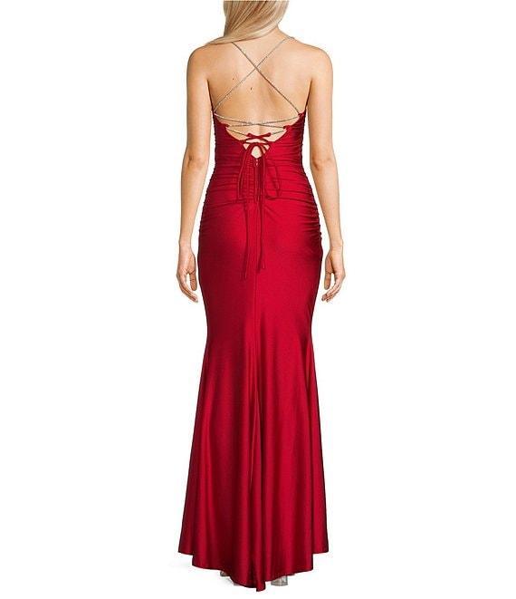 Midnight Doll Jersey Knit Satin V-Neck Sleeveless Rhinestone Strap Lace Up Back Side Slit Dress Product Image