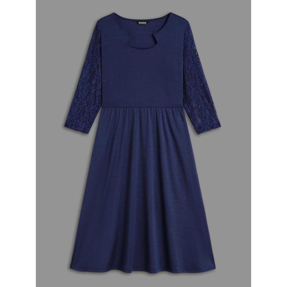 Plus Size Asymmetrical Neck Lace Patchwork Mesh Dress Navy Women Cocktail Woven ribbon&lace trim Party Curvy Bloomchic 18-20/2X Product Image