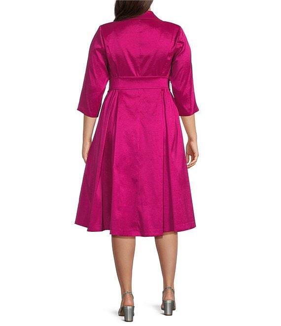 Alex Evenings Plus Size Stretch Taffeta Collared V-Neck 3/4 Sleeve Tie Sash Belt A-Line Midi Dress Product Image