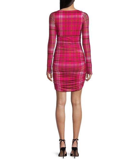 C&V Chelsea & Violet Long Sleeve Plaid Printed Rosette Mesh Dress Product Image