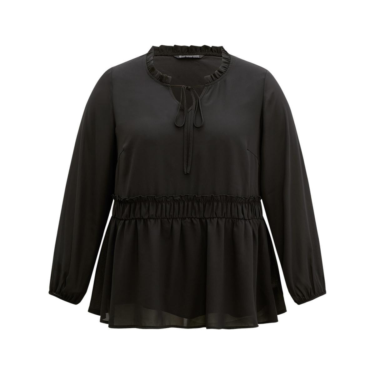 Plus Size Black Anti-Wrinkle Plain Shirred Frill Trim Gathered Tie Neck Blouse Women Casual Long Sleeve Tie Neck Everyday Blouses BloomChic 22-24/3X Product Image