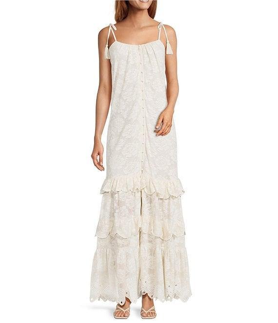 A Loves A Woven Embroidered Lace Sqaure Neck Spaghetti Tie Strap Button Front Tiered Flounce Maxi Dress Product Image