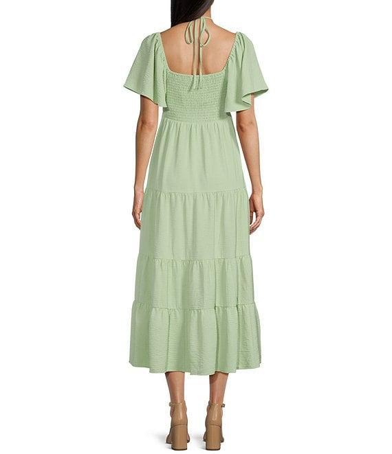 GB Tie Neck Short Sleeve Tiered Midi Dress Product Image