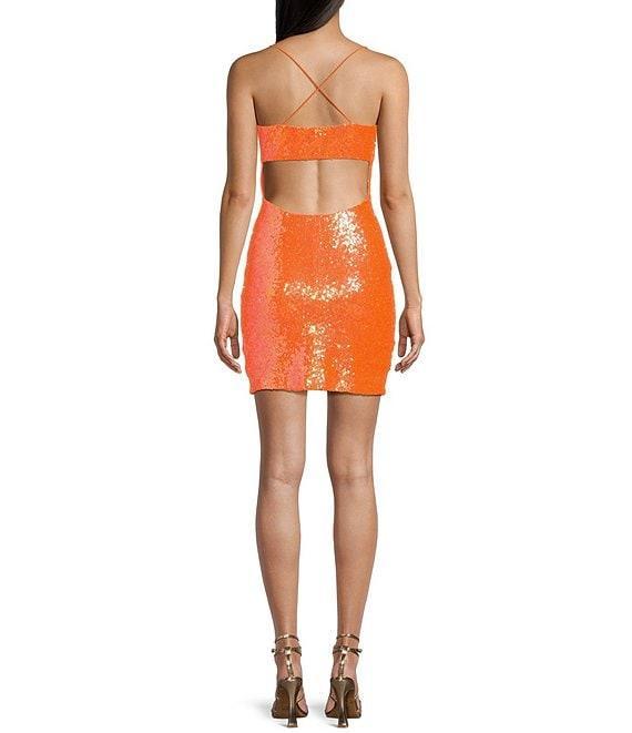 B. Darlin Bungee Spaghetti Strap Cowl Neck Sequin Mesh Bodycon Dress Product Image