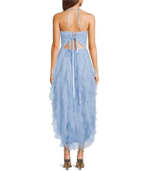 Pear Culture Glitter Mesh Scoop Neck Corkscrew Hi-Low Dress Product Image