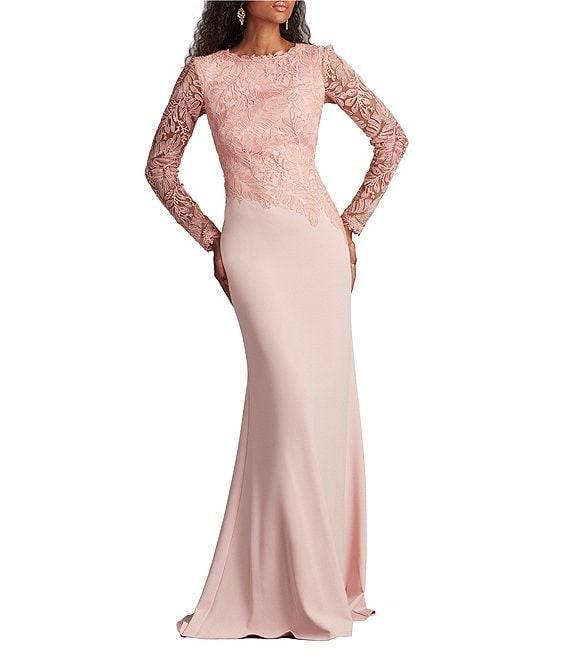 Tadashi Shoji Round Neck Illusion Long Sleeve Asymmetrical Leaf Embroidered Crepe Sheath Gown Product Image