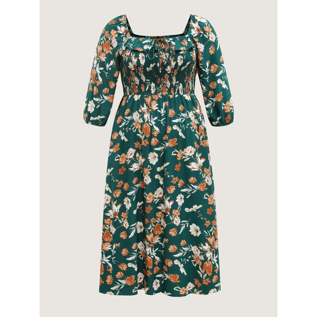 Plus Size Rayon Floral Shirred Stretchy Waist Midi Dress Cyan Women Square Neck Elbow-length sleeve Curvy BloomChic 28/5X Product Image