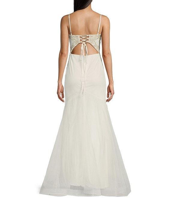Blondie Nites Mesh Illusion Applique Scoop Neck Spaghetti Strap Tie Back Gown Product Image