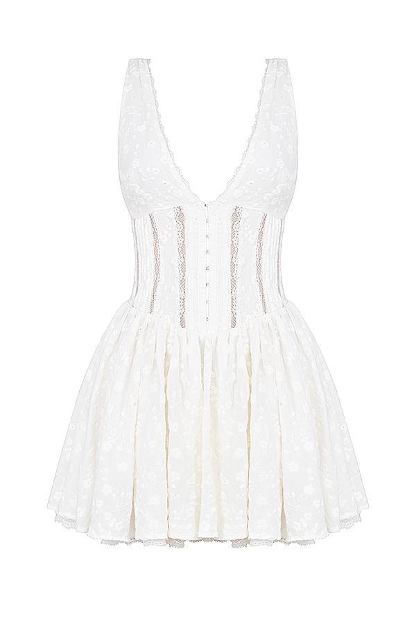 Sarita White Cotton Broderie Anglais Plunge Mini Dress Product Image