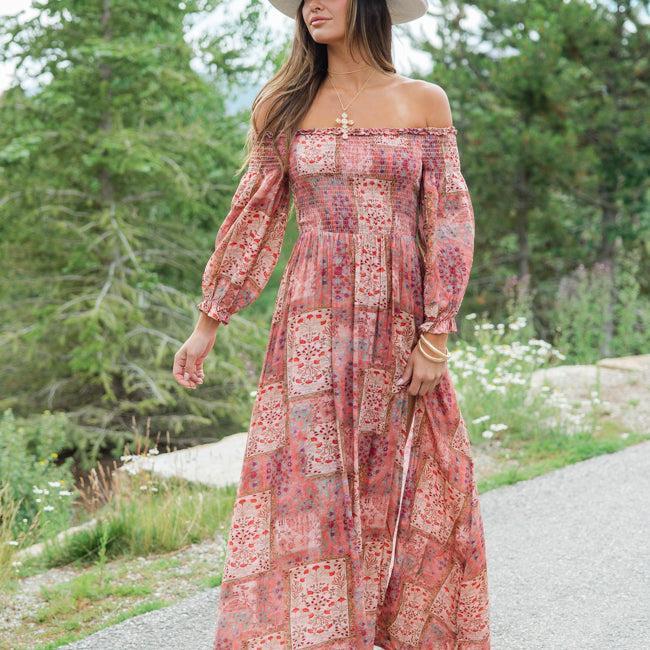 Sounds In My Mind Brick Off The Shoulder Printed Maxi Dress FINAL SALE Product Image