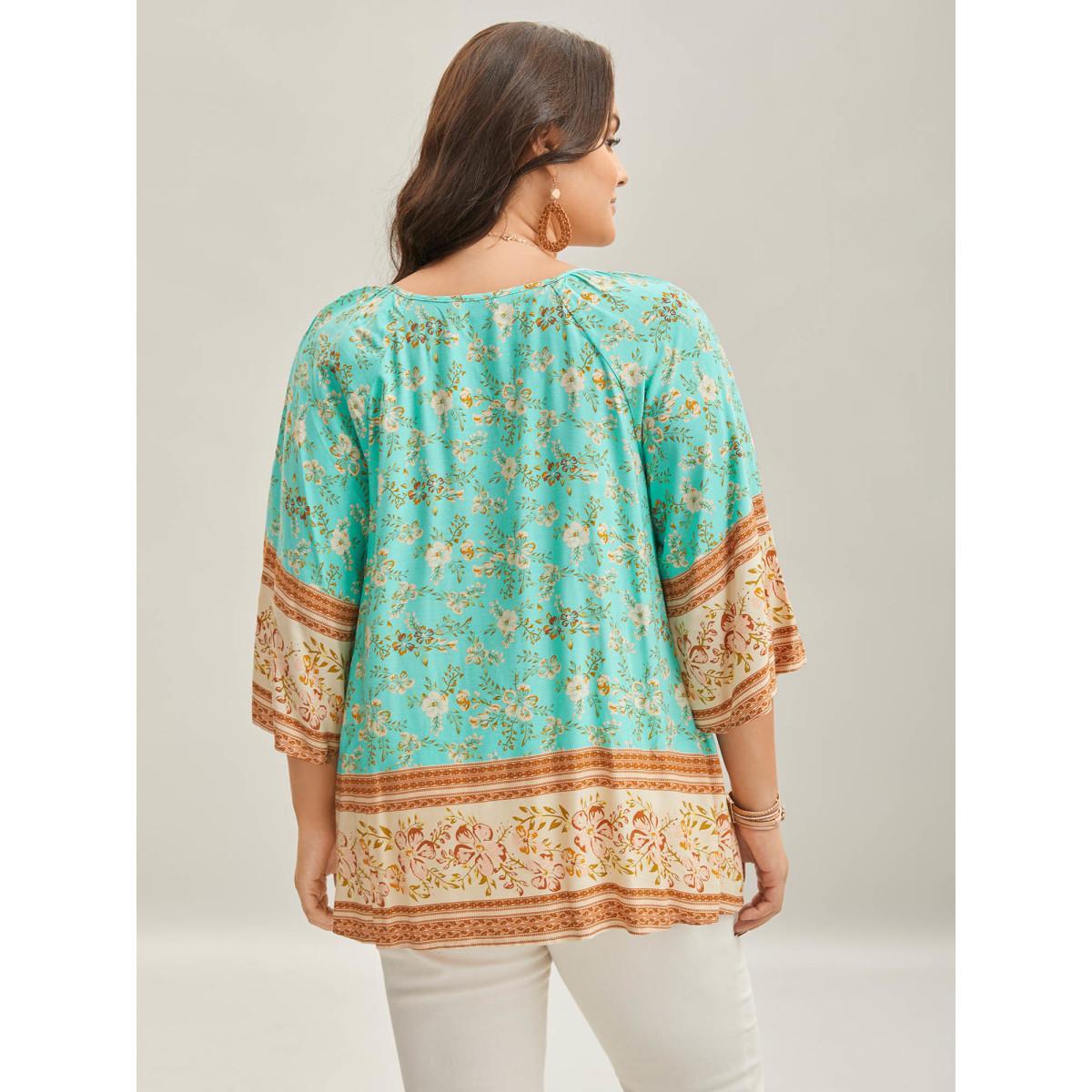 Plus Size Malachitegreen Boho Print Neck Ties Relaxed Fit Shirt Women Resort Elbow-length sleeve V-neck Vacation Blouses BloomChic 30/6X Product Image