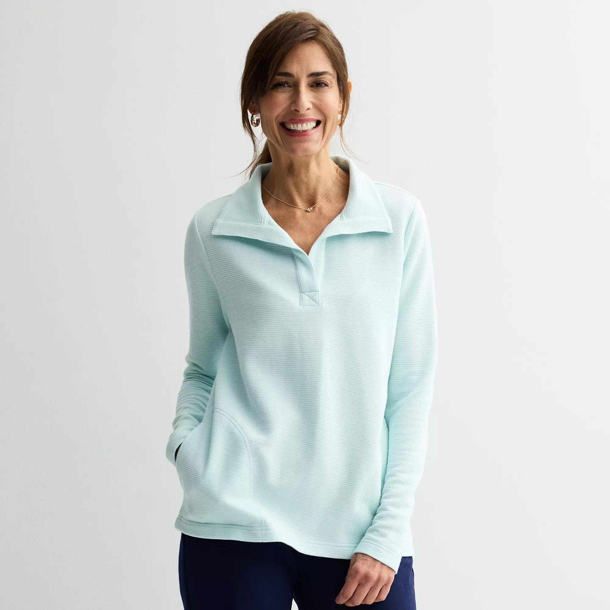 Petite Croft & Barrow Open Collar Pullover, Womens Blue Tint Product Image