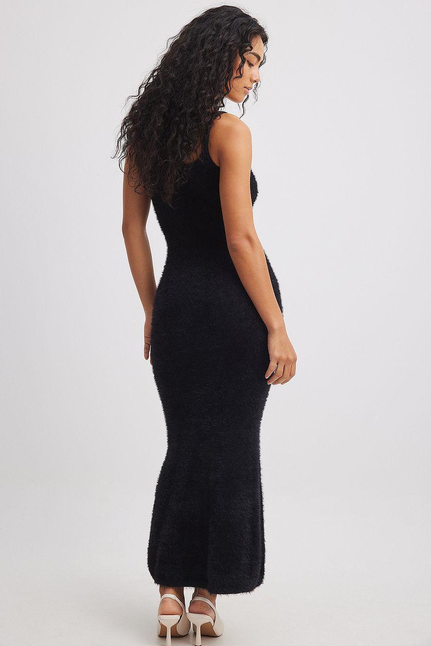 A-Line Fuzzy Knit Midi Dress Black Product Image