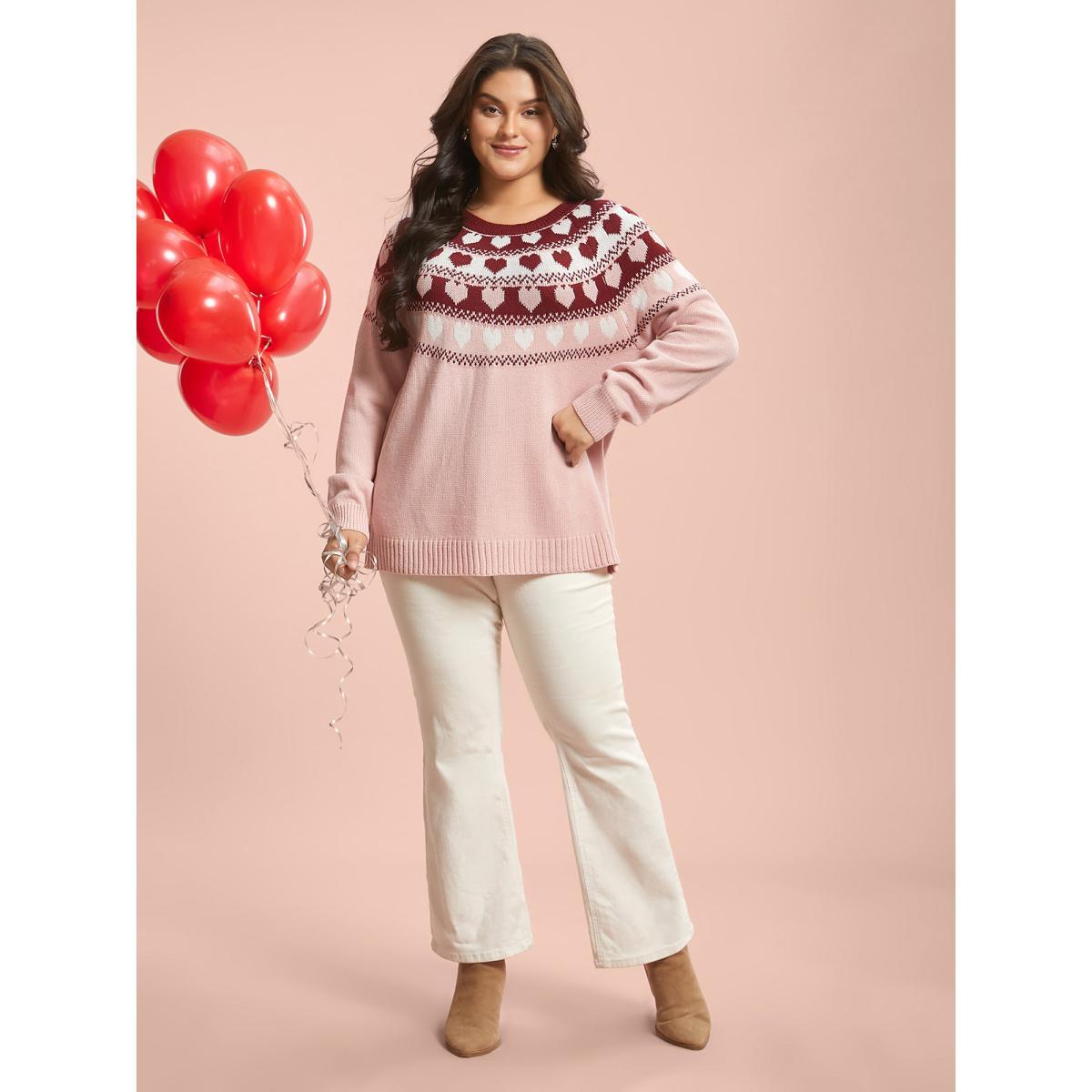 Plus Size Round Neck Heart Jacquard Ribbed Pullover Nudepink Women Casual Loose Long Sleeve Round Neck Everyday Pullovers BloomChic 22-24/3X Product Image