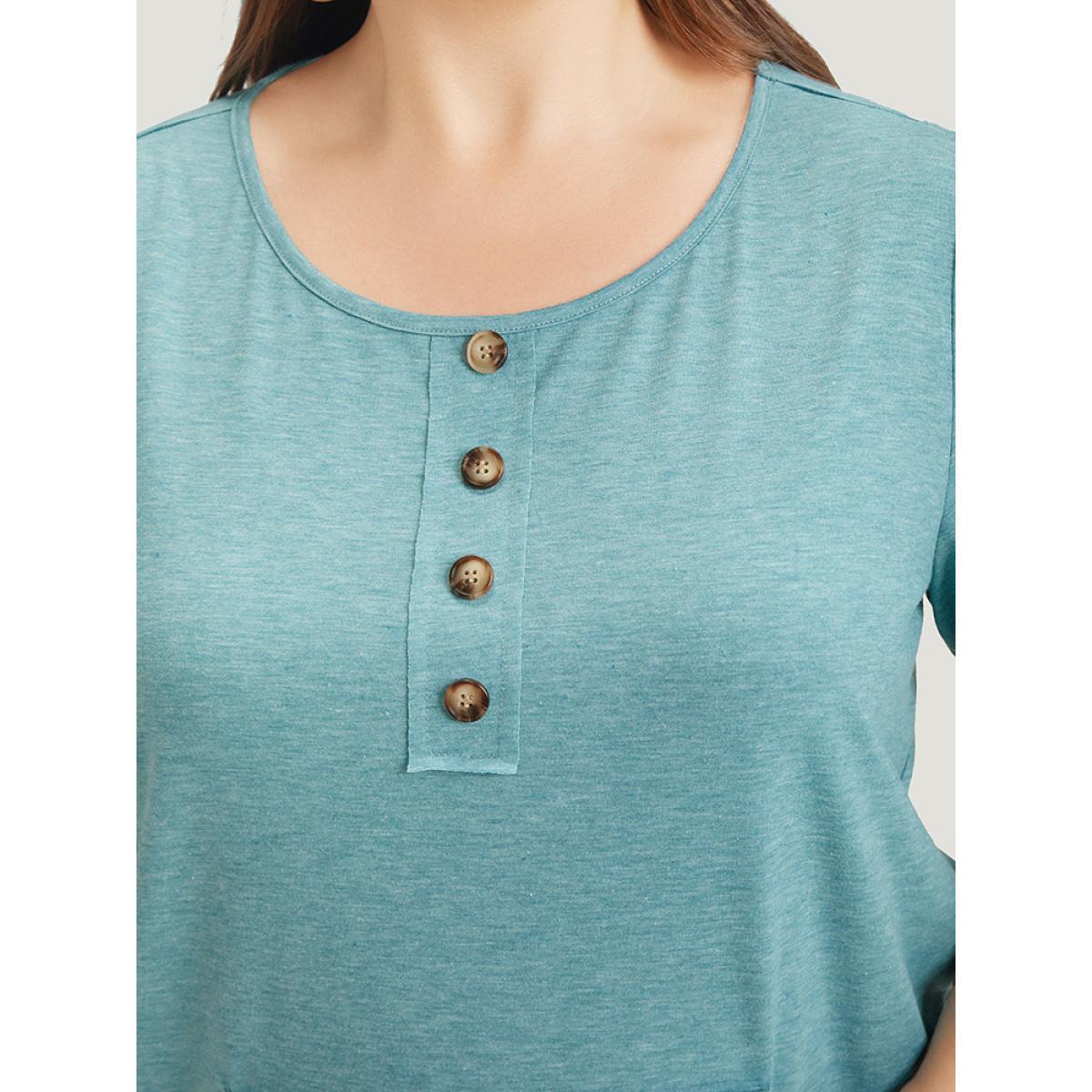 Plus Size Plain Heather Button Detail Patch Pocket T-shirt Cerulean Women Casual Heather Plain Round Neck Dailywear T-shirts BloomChic 10/M Product Image