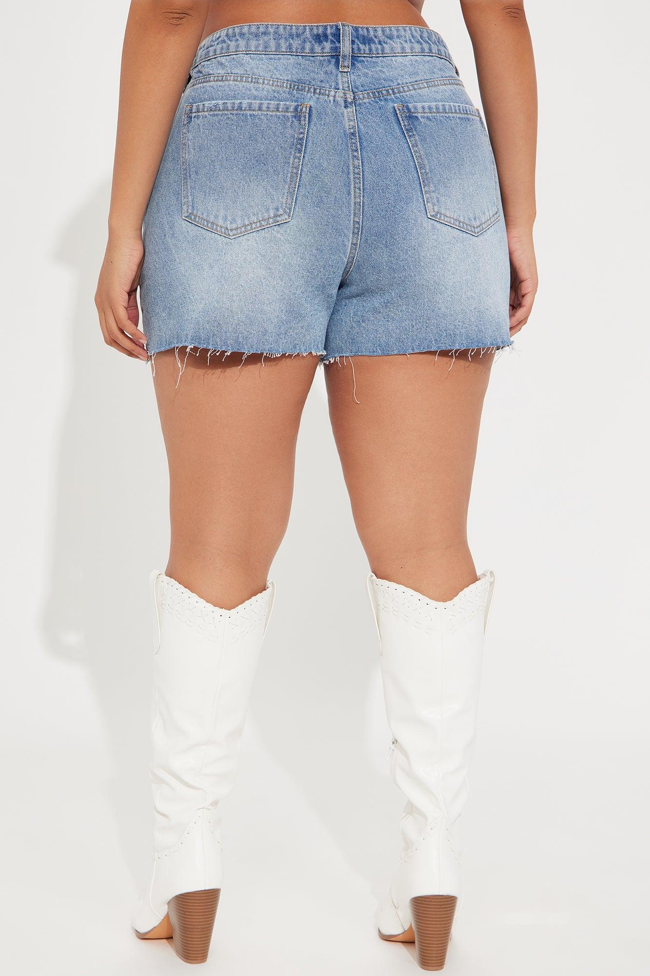 Out Of Line Ripped Crossover Denim Shorts - Medium Wash Product Image