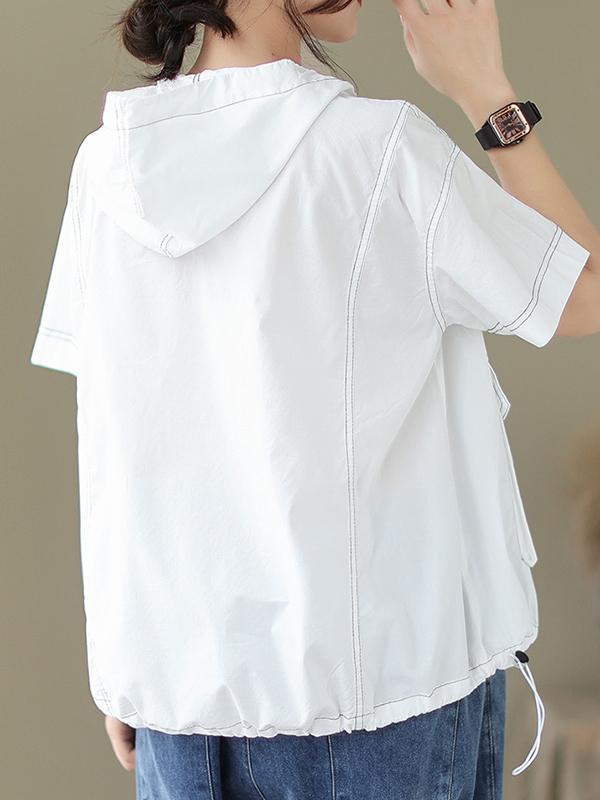 Loose Short Sleeves Zipper Hooded T-Shirts Tops Product Image