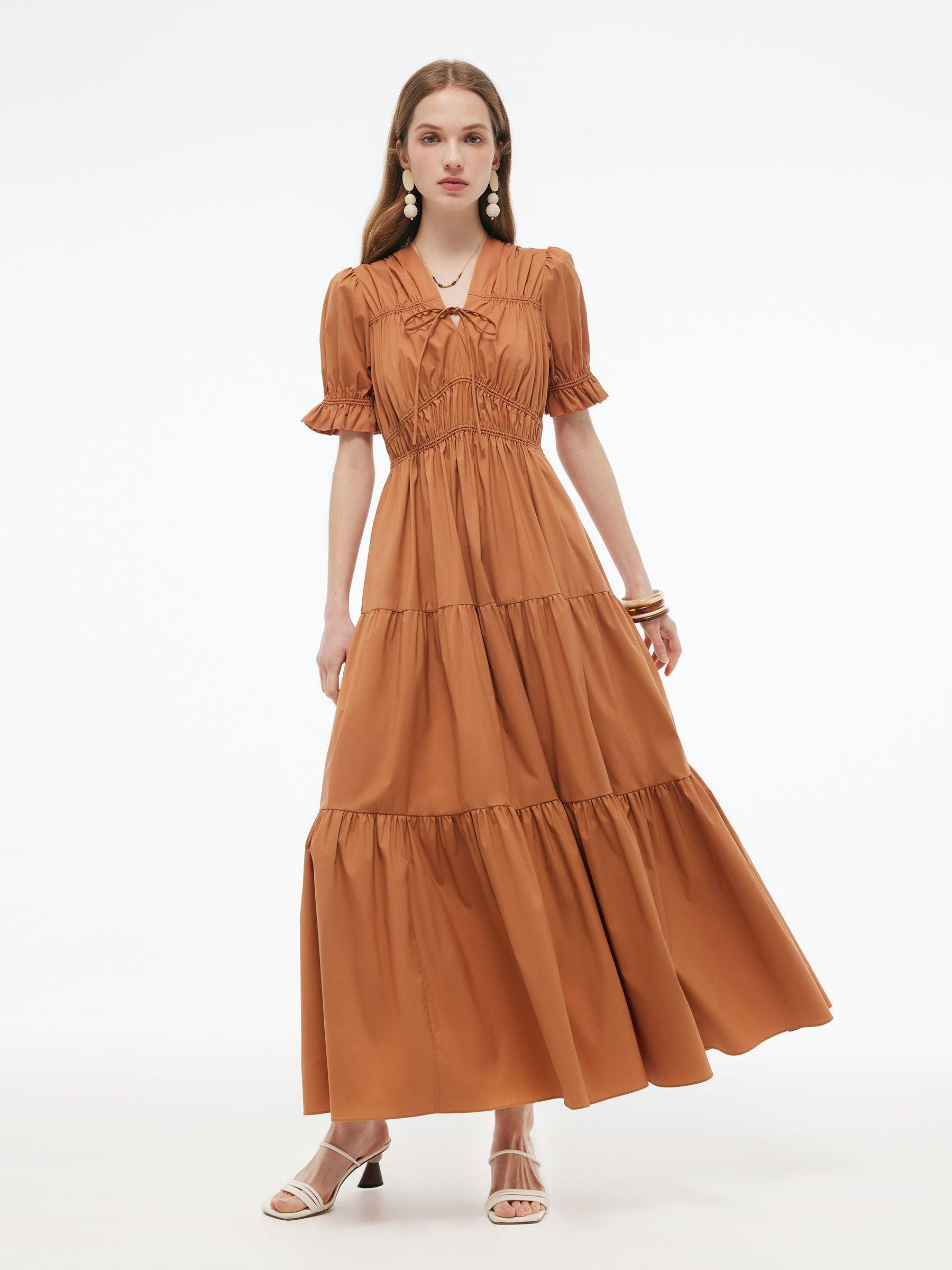 Drawstring Tie Front Women Tiered Maxi Dress Product Image