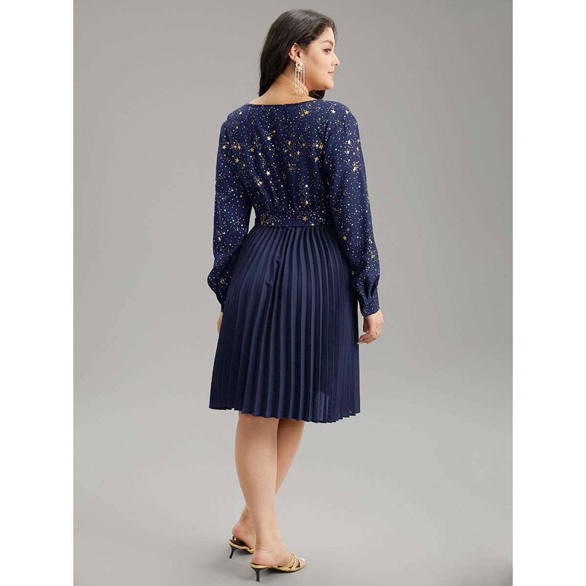 Plus Size Star Glitter Belted Pleated Wrap Dress DarkBlue Women Cocktail Belted V-neck Long Sleeve Curvy Midi Dress BloomChic 22-24/3X Product Image