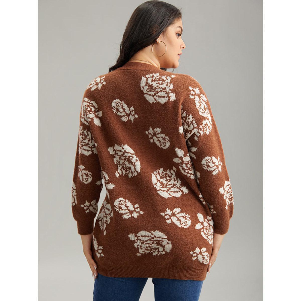 Plus Size Anti-Pilling Floral Print Drop Shoulder Cardigan Chocolate Women Casual Loose Long Sleeve Dailywear Cardigans BloomChic 28/5X Product Image
