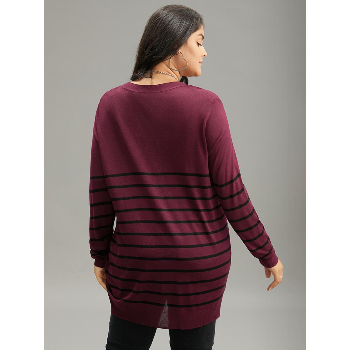 Plus Size Supersoft Essentials Striped Button Fly Tunic Cardigan Burgundy Women Casual Loose Long Sleeve Dailywear Cardigans BloomChic 30/6X Product Image
